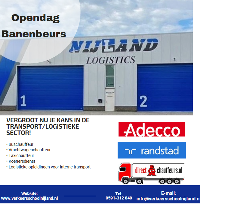 Tekst over de banenbeurs, logo's van Nijland, Adecco, Randstad en directchauffeurs.nl