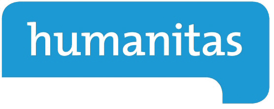 logo Humanitas blauwe achtergrond en witte letters Humanitas