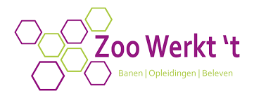 logo Zoo werkt 't paarse en groene vakjes en de tekst Zoo Werkt 't Banen Opleidingen Beleven